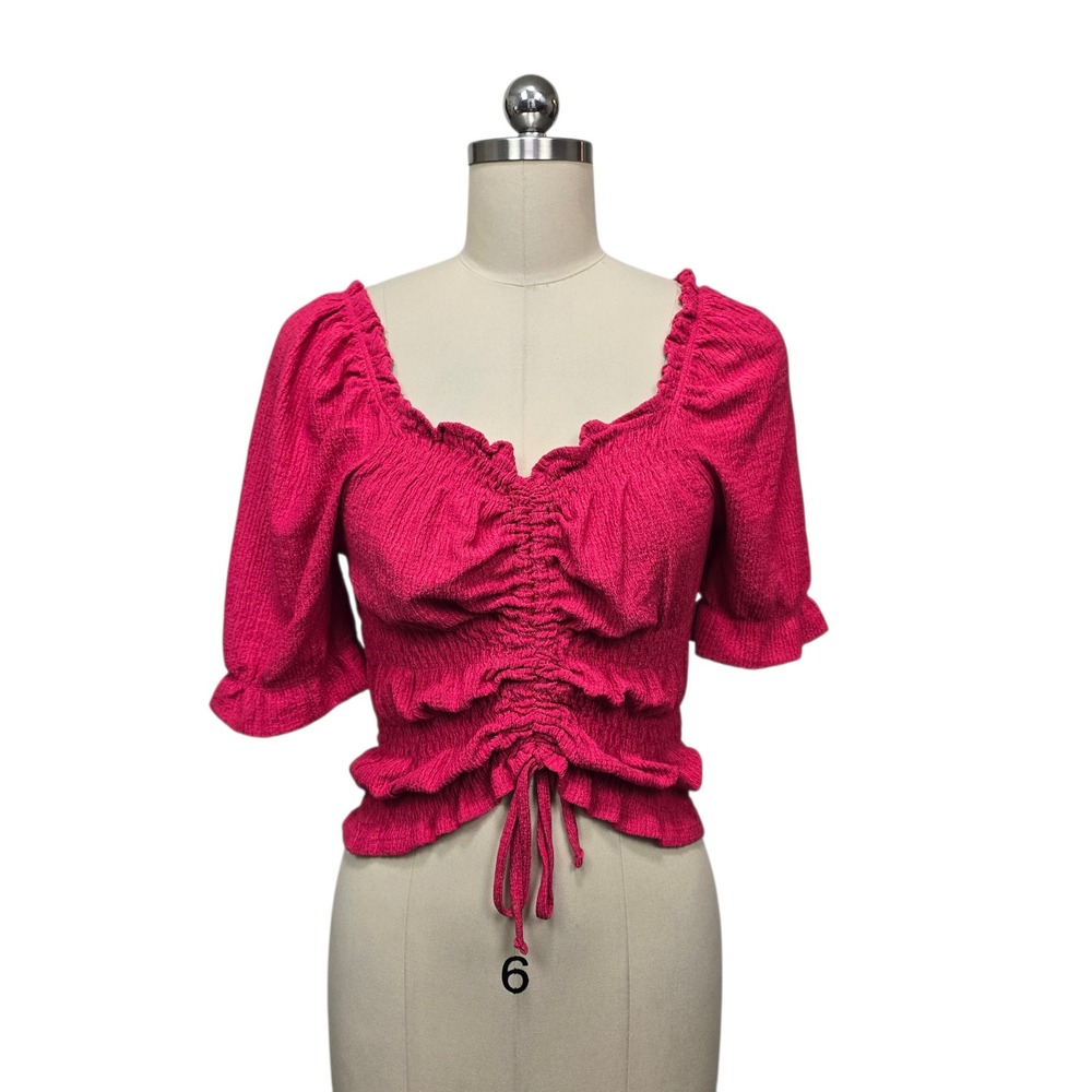 Pilcro Magenta Pink Smocked Peplum Top Sweetheart Ruffle Puff Sleeve OB1392404 S